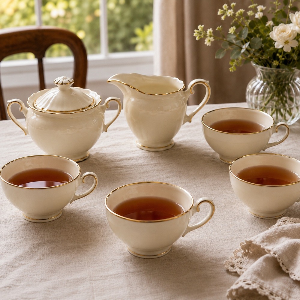 Syracuse China Old Ivory Tea Set Gold Trim Sugar Bowl Creamer 4 Cups 6pc Vintage